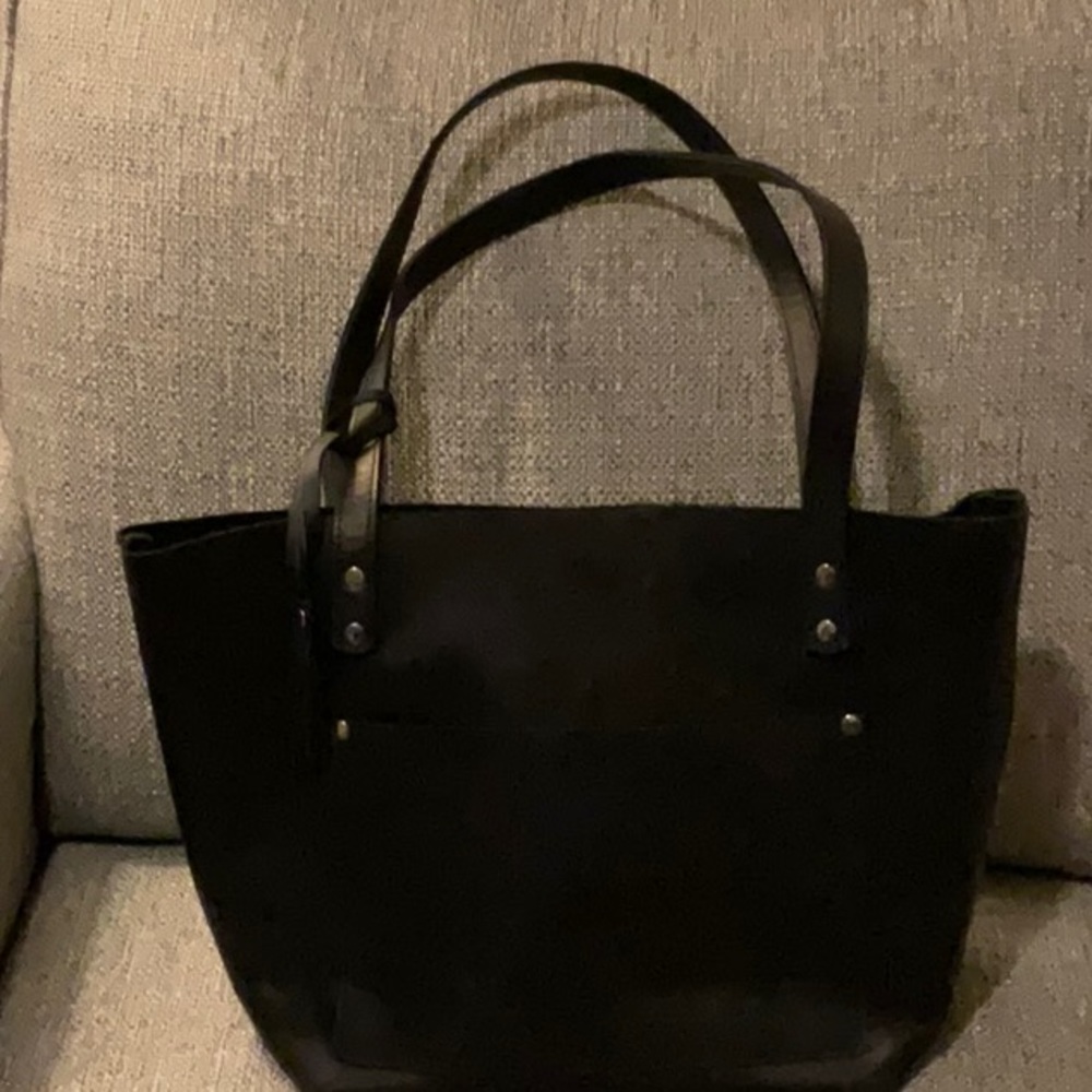 Hand Crafted in Poland Black All LEATHER Open Top Tote Bag w/ interior pocket